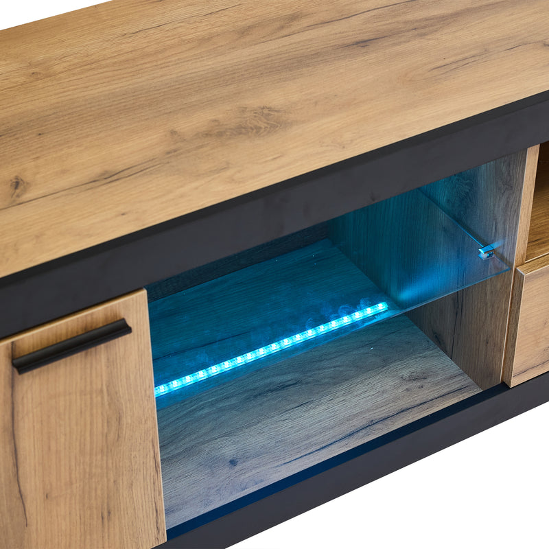 Meuble TV moderne effet bois et noir en verre avec éclairage LED DESOIH