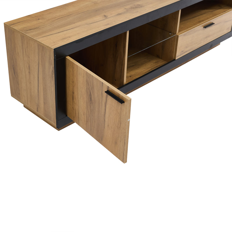 Meuble TV moderne effet bois et noir en verre avec éclairage LED DESOIH