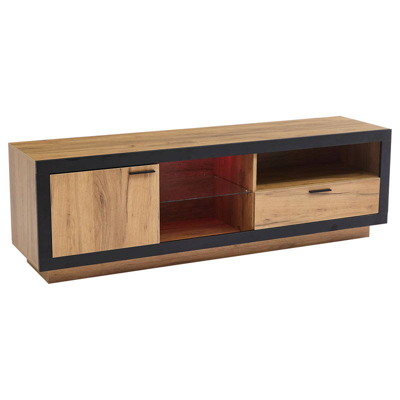 Meuble TV moderne effet bois et noir en verre avec éclairage LED DESOIH