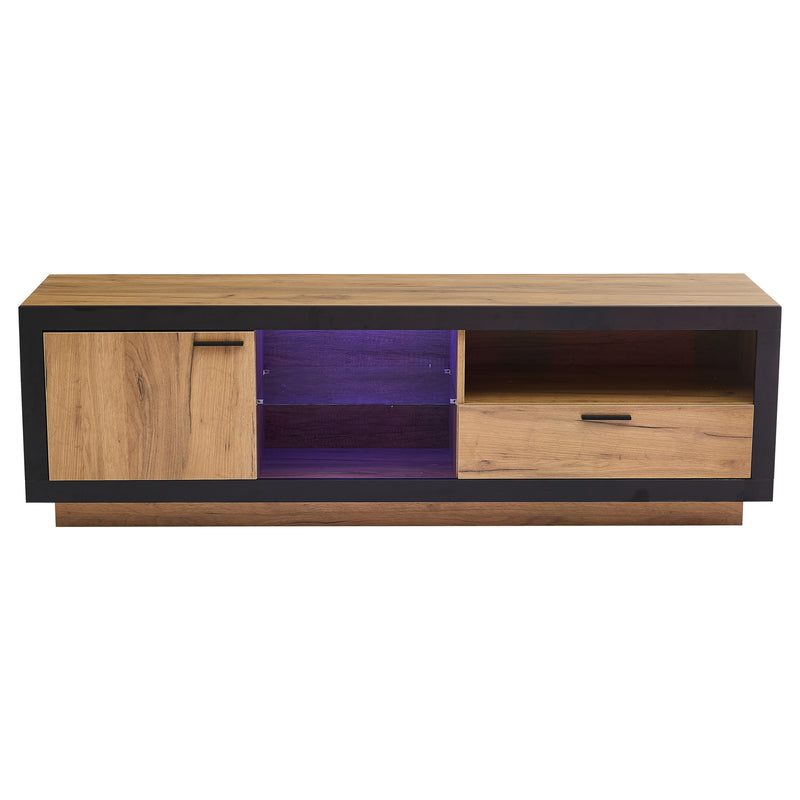 Meuble TV moderne effet bois et noir en verre avec éclairage LED DESOIH