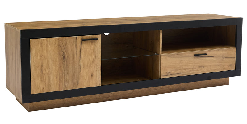 Meuble TV moderne effet bois et noir en verre avec éclairage LED DESOIH