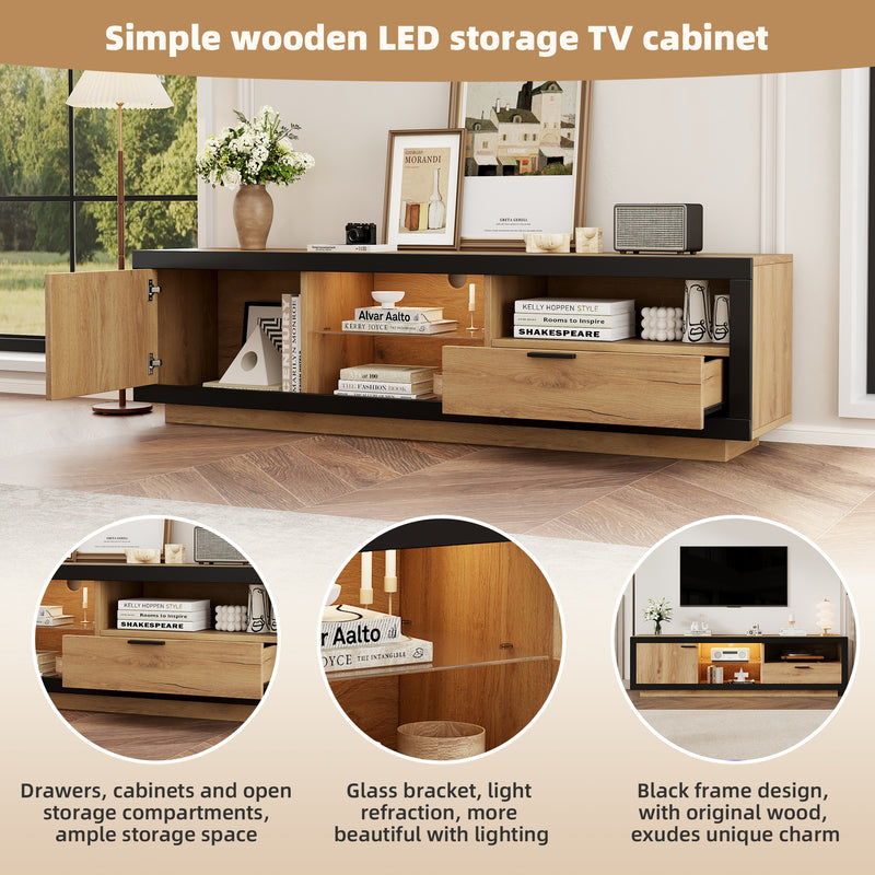 Meuble TV moderne effet bois et noir en verre avec éclairage LED DESOIH
