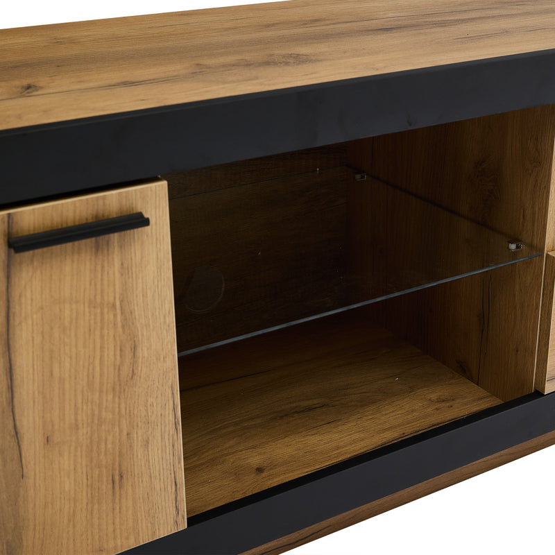 Meuble TV moderne effet bois et noir en verre avec éclairage LED DESOIH