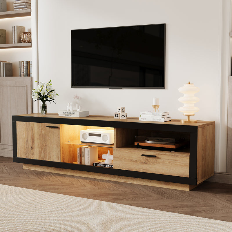 Meuble TV moderne effet bois et noir en verre avec éclairage LED DESOIH