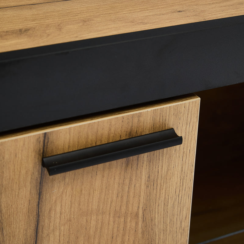 Meuble TV moderne effet bois et noir en verre avec éclairage LED DESOIH