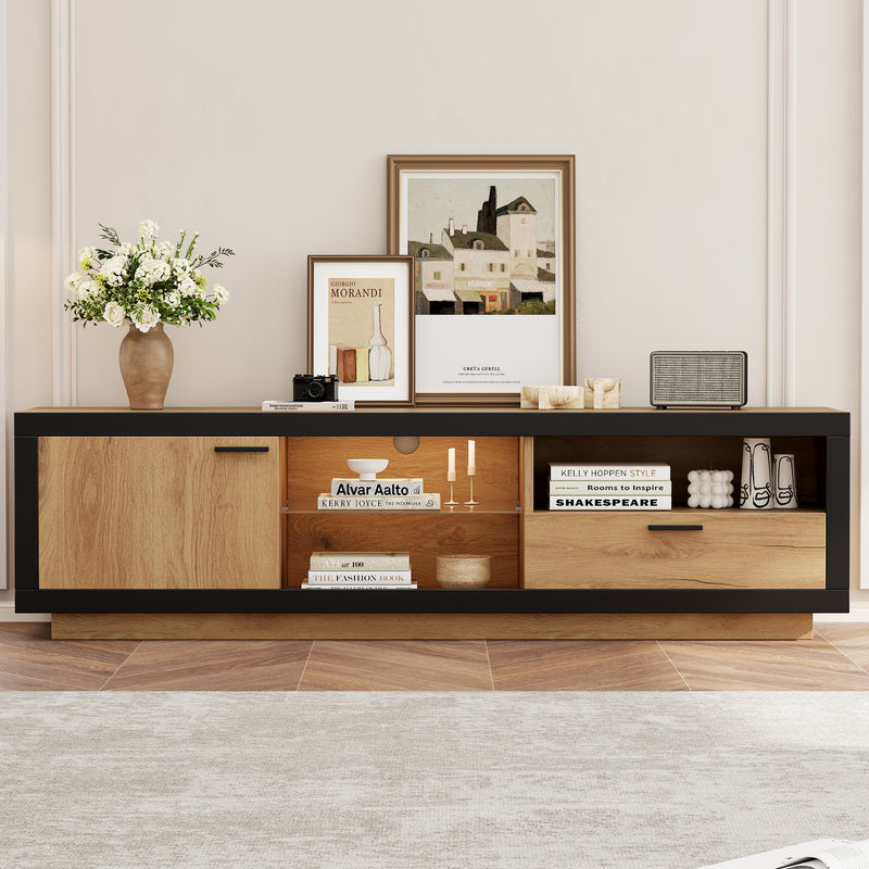 Meuble TV moderne effet bois et noir en verre avec éclairage LED DESOIH