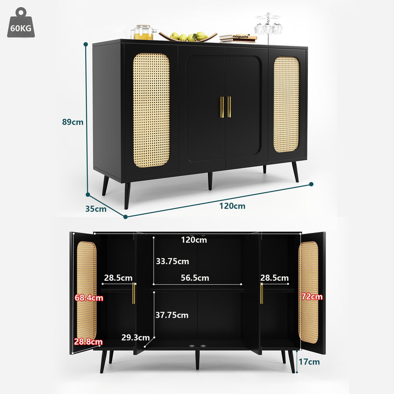 Buffet noir brillant style rétro en rotin poignées dorés 120x35x89cm DHARUH