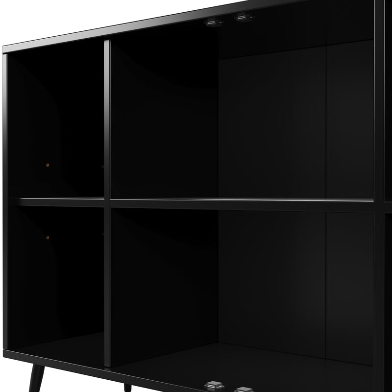 Buffet noir brillant style rétro en rotin poignées dorés 120x35x89cm DHARUH