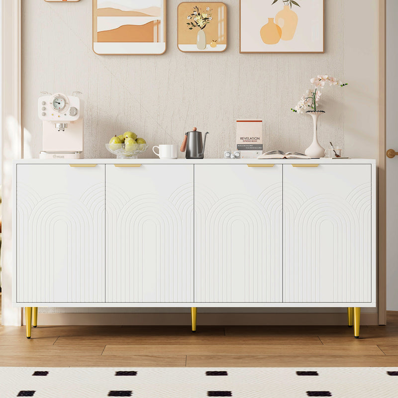 Buffet contemporain blanc 4 portes texturées détails dorés CEDARSPIRE