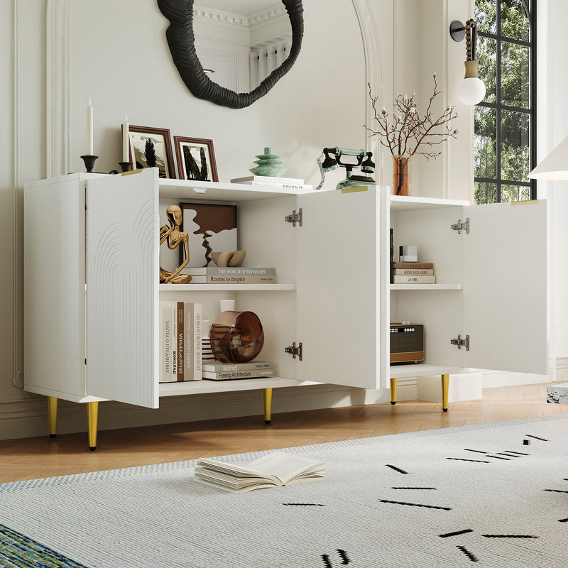 Buffet contemporain blanc 4 portes texturées détails dorés CEDARSPIRE
