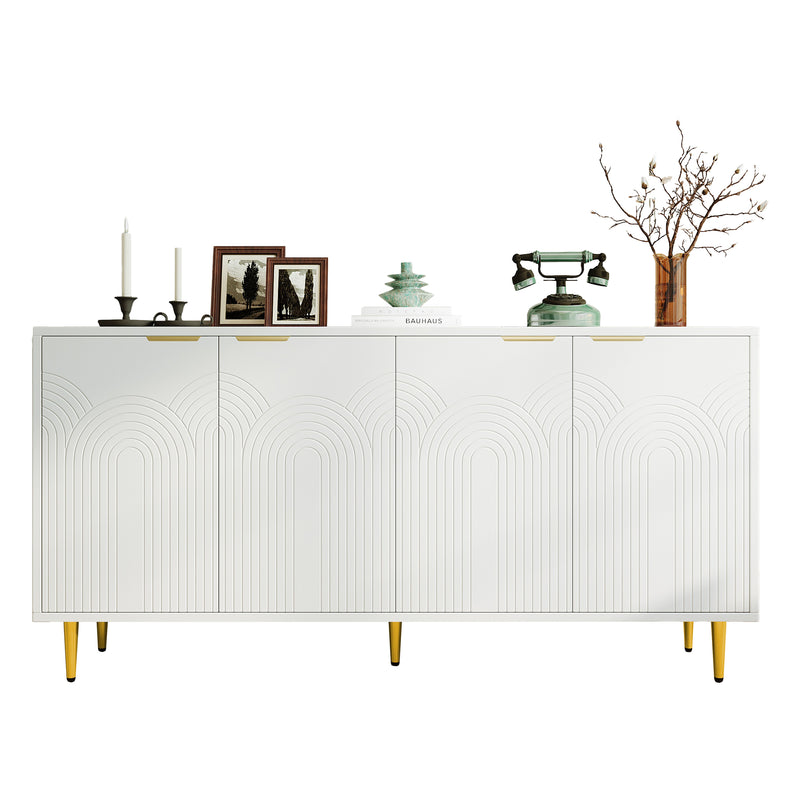 Buffet contemporain blanc 4 portes texturées détails dorés CEDARSPIRE