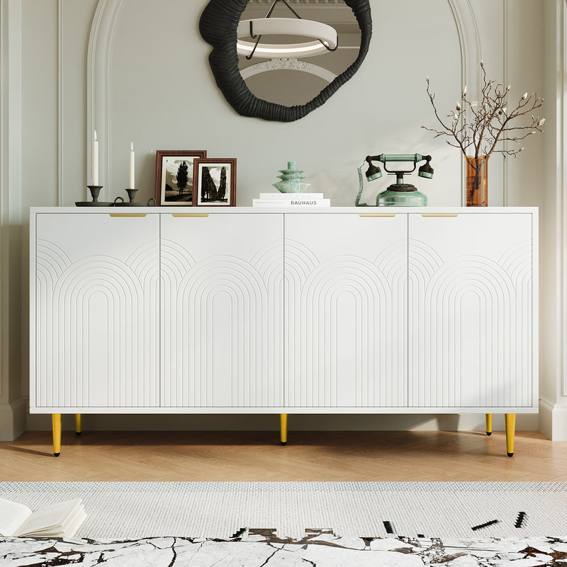 Buffet contemporain blanc 4 portes texturées détails dorés CEDARSPIRE