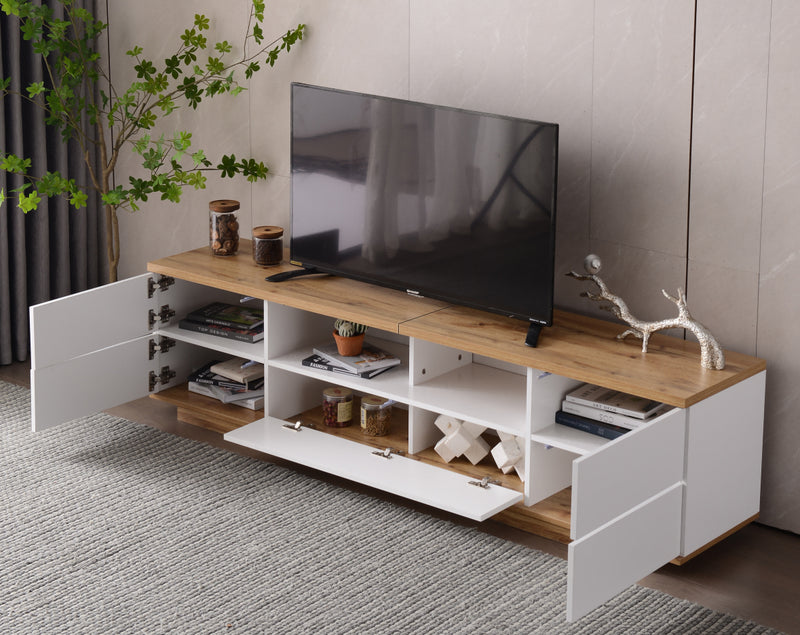 Meuble TV moderne bicolore effet bois et blanche avec 5 portes DIKE
