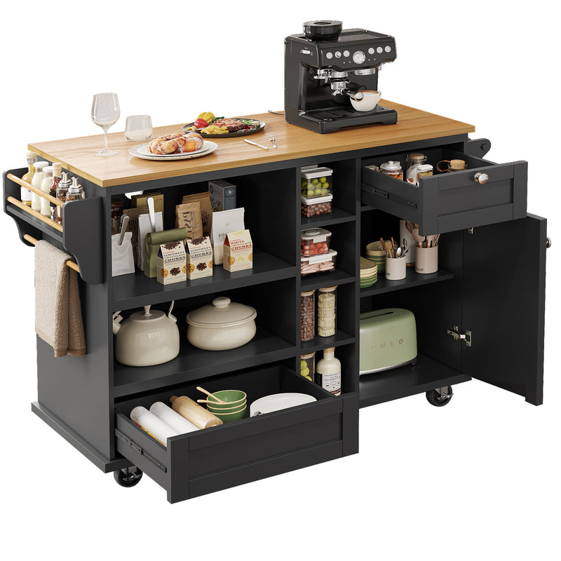 Îlot de cuisine noir mobile 2 tiroirs et porte rangement DRIQATS