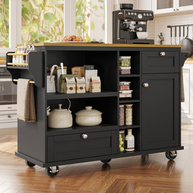 Îlot de cuisine noir mobile 2 tiroirs et porte rangement DRIQATS