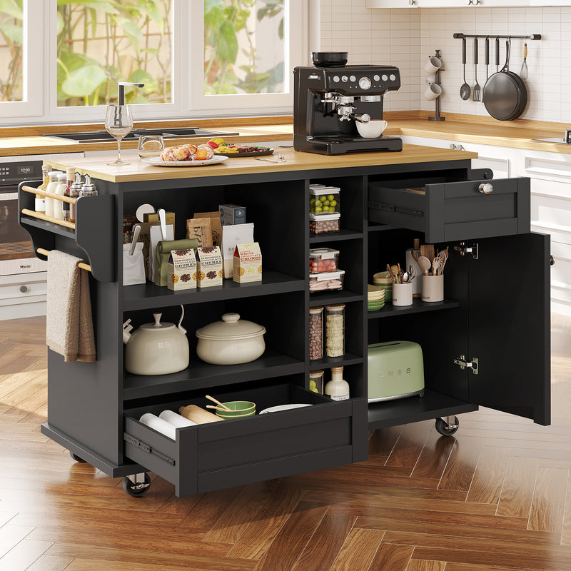 Îlot de cuisine noir mobile 2 tiroirs et porte rangement DRIQATS