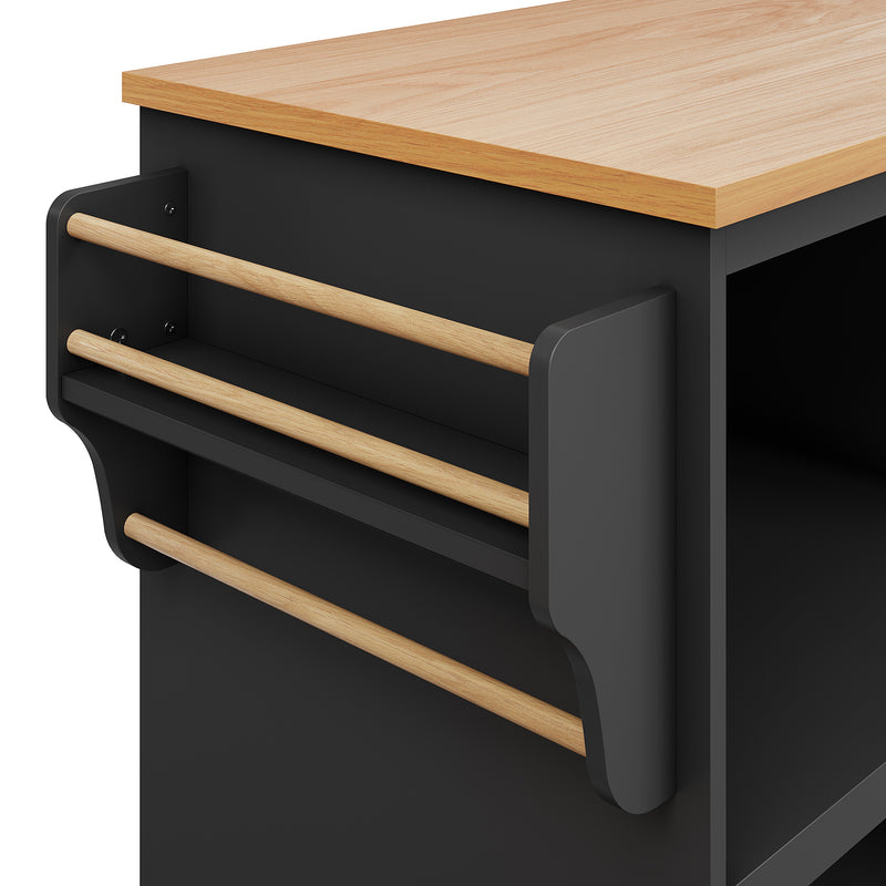 Îlot de cuisine noir mobile 2 tiroirs et porte rangement DRIQATS
