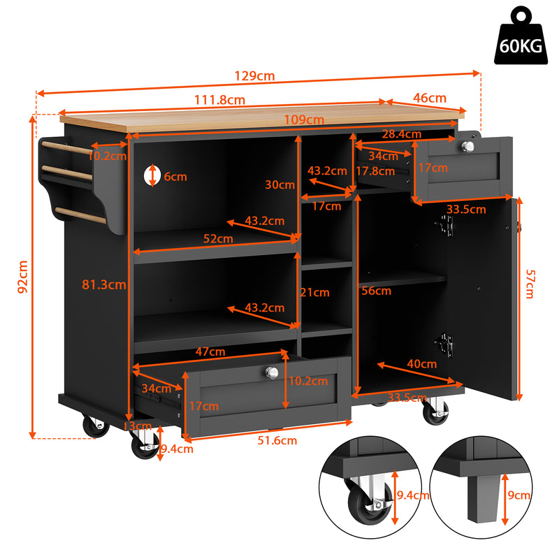 Îlot de cuisine noir mobile 2 tiroirs et porte rangement DRIQATS