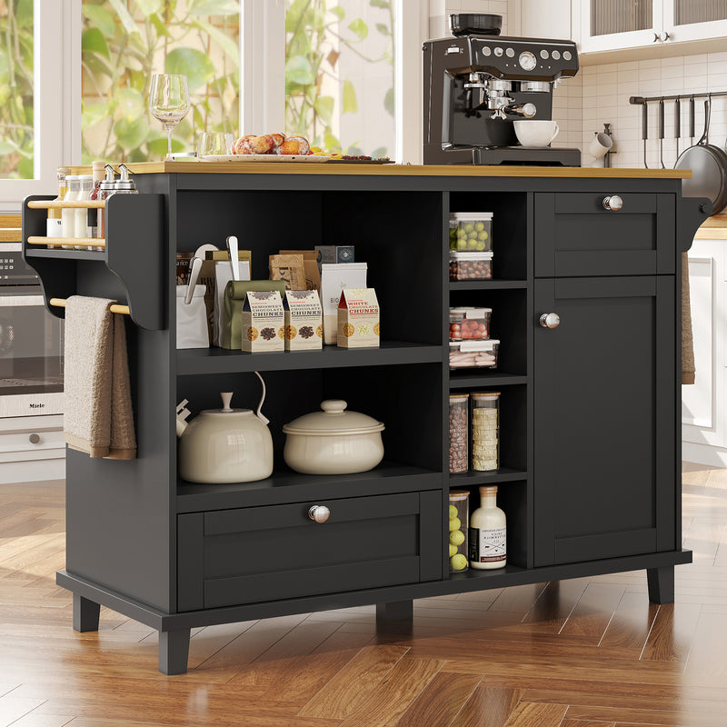 Îlot de cuisine noir mobile 2 tiroirs et porte rangement DRIQATS