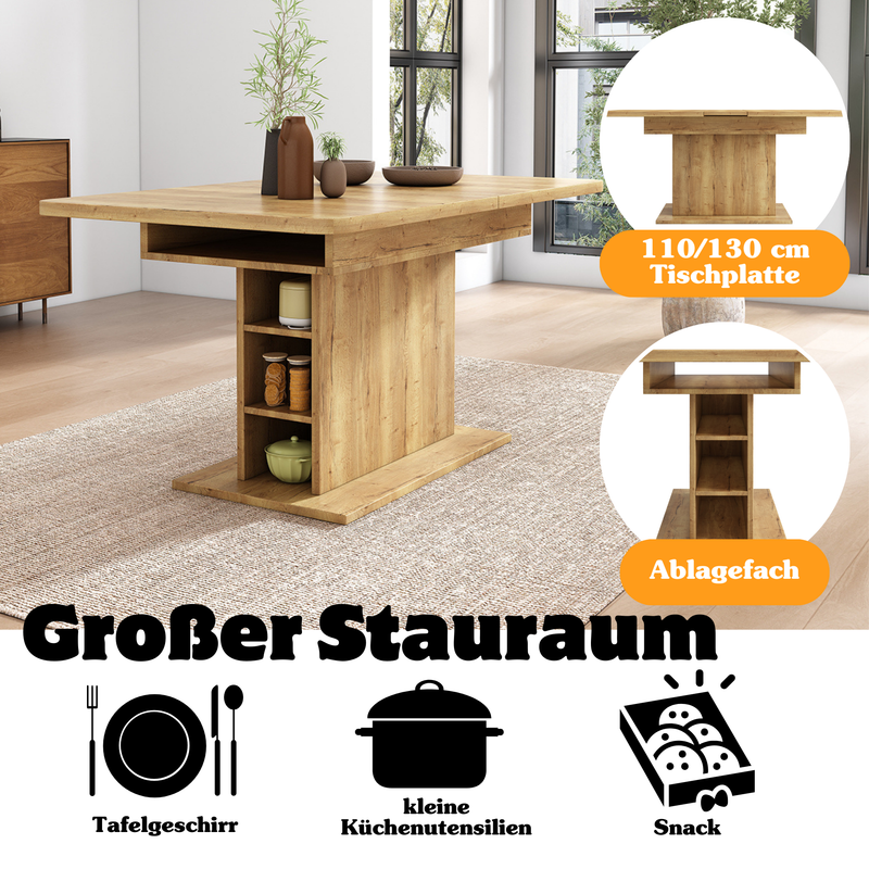 Table à manger extensible effet bois avec rangement L110/130*W70*H75 DRUUKIED WOOD