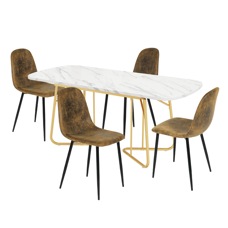 Ensemble de salle à manger élégant avec une table à manger extensible avec un plateau effet marbre blanc et des chaises en faux suède EDDAINS+CHARLTON SUEDE BROWN