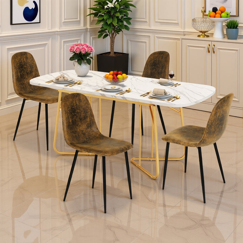 Ensemble de salle à manger élégant avec une table à manger extensible avec un plateau effet marbre blanc et des chaises en faux suède EDDAINS+CHARLTON SUEDE BROWN