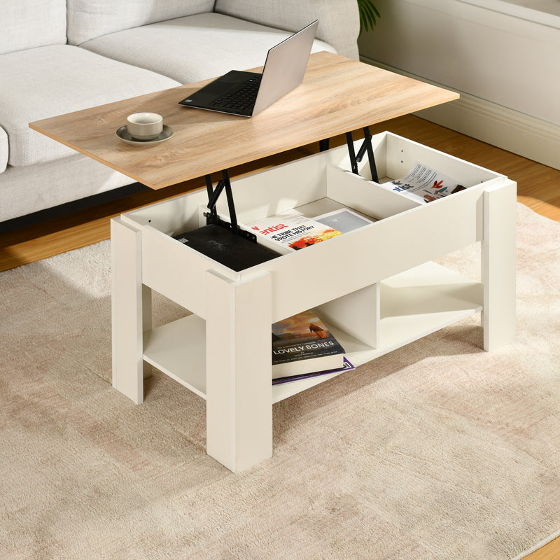 Table basse avec plateau relevable effet bois et blanc 96*50 ELOT WHITE OAK 96