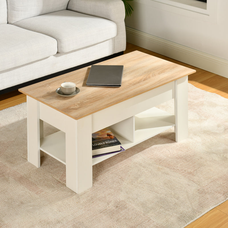 Table basse avec plateau relevable effet bois et blanc 96*50 ELOT WHITE OAK 96