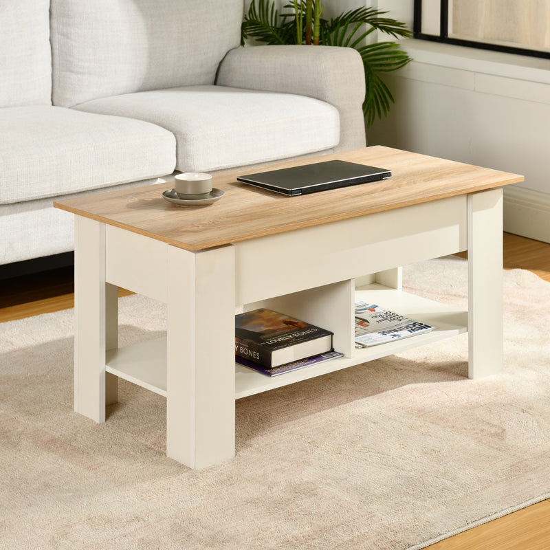 Table basse avec plateau relevable effet bois et blanc 96*50 ELOT WHITE OAK 96