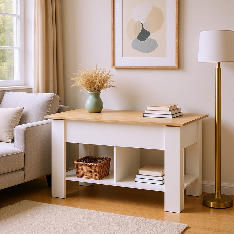 Table basse avec plateau relevable effet bois et blanc 96*50 ELOT WHITE OAK 96