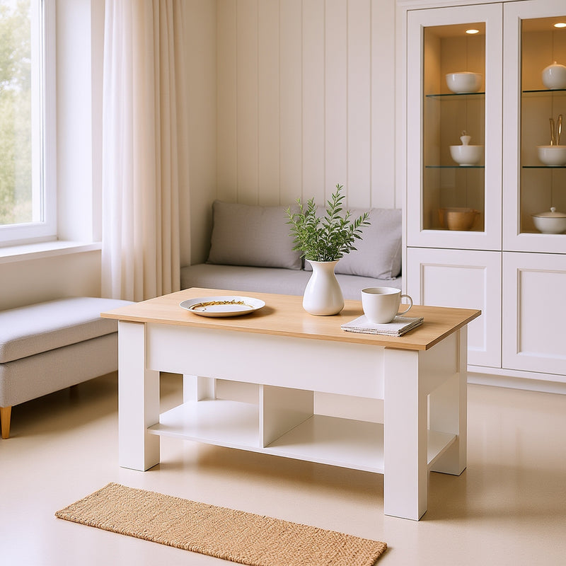 Table basse avec plateau relevable effet bois et blanc 96*50 ELOT WHITE OAK 96