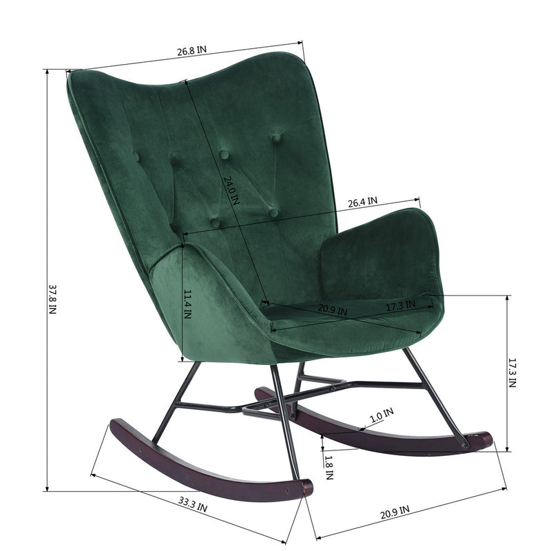 Fauteuil à bascule Scandinave velours vert pieds en bois foncé EPPING KD VELVET GREEN