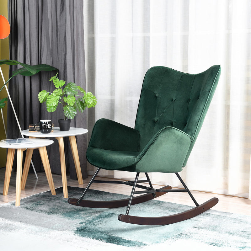 Fauteuil à bascule Scandinave velours vert pieds en bois foncé EPPING KD VELVET GREEN