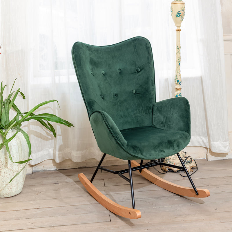 Fauteuil à bascule Scandinave velours vert pieds en bois clair EPPING KD VELVET GREEN WOOD LEG UKFR