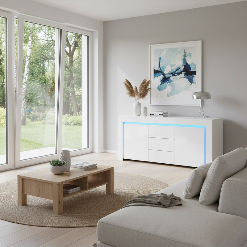 Buffet blanc laqué brillant avec éclairage LED 2 portes 3 tiroirs EUGLENOID