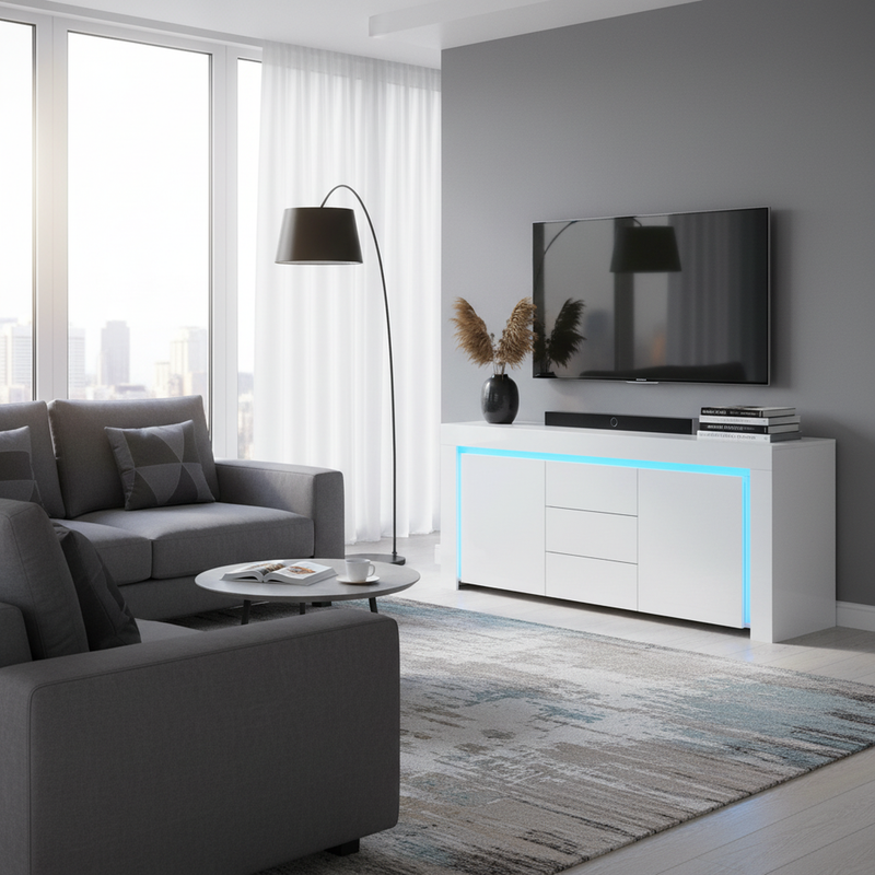 Buffet blanc laqué brillant avec éclairage LED 2 portes 3 tiroirs EUGLENOID