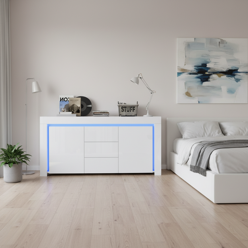 Buffet blanc laqué brillant avec éclairage LED 2 portes 3 tiroirs EUGLENOID
