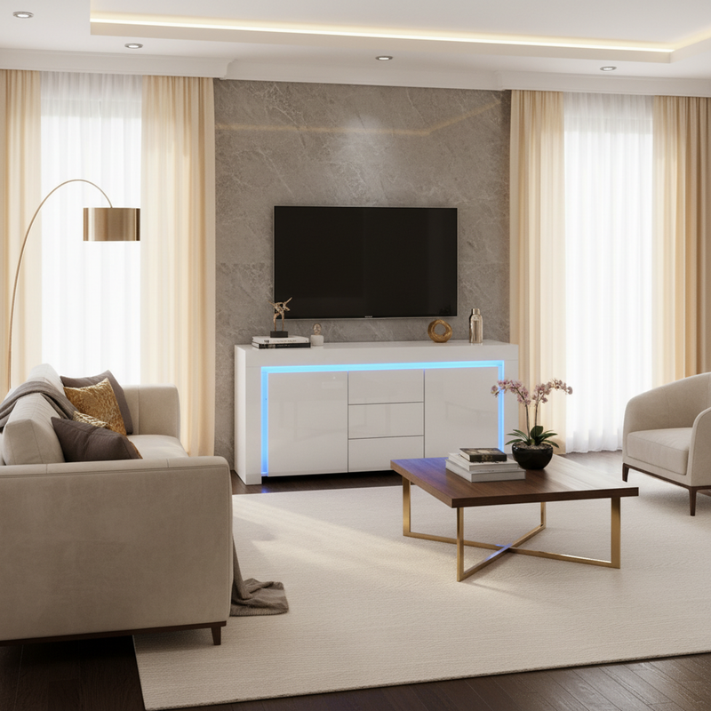 Buffet blanc laqué brillant avec éclairage LED 2 portes 3 tiroirs EUGLENOID