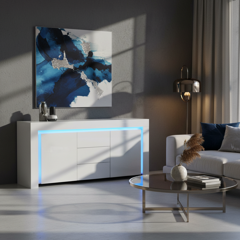Buffet blanc laqué brillant avec éclairage LED 2 portes 3 tiroirs EUGLENOID