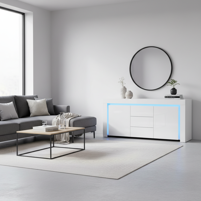 Buffet blanc laqué brillant avec éclairage LED 2 portes 3 tiroirs EUGLENOID
