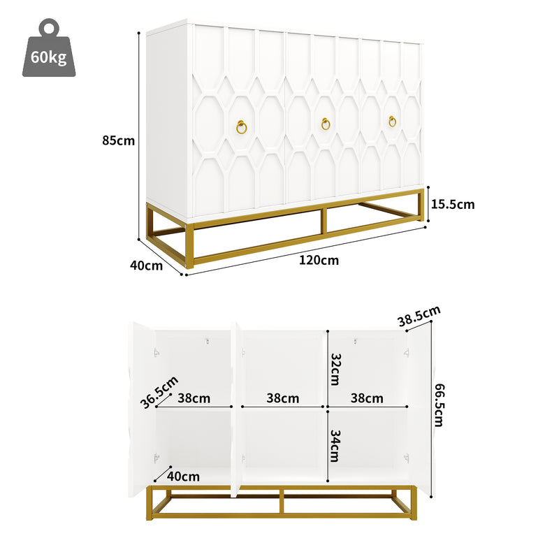 Buffet blanc à motifs poignets et pieds dorés 120×40×85cm EENARS