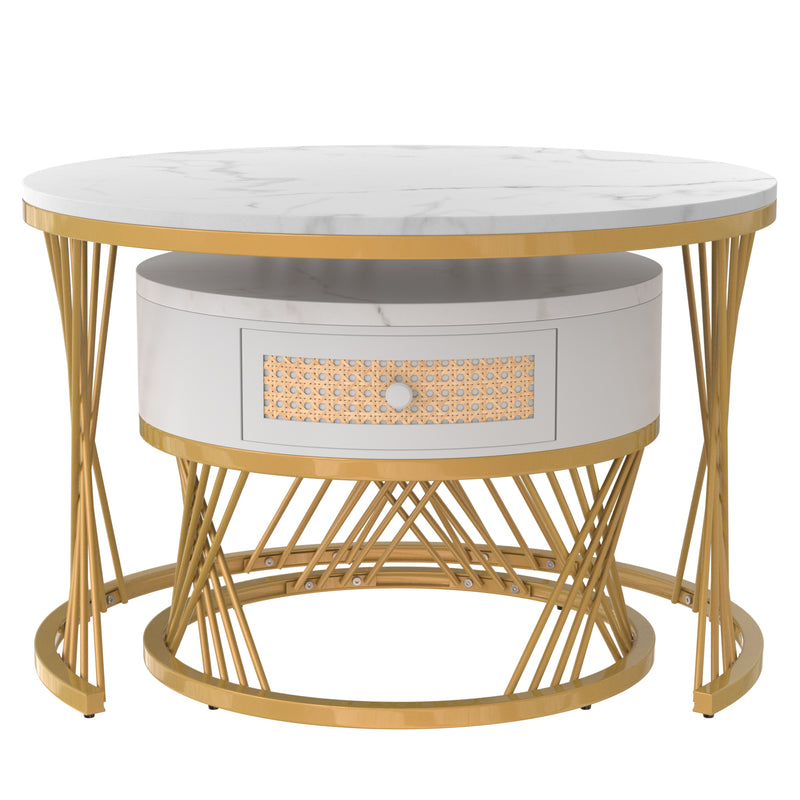 Ensemble de 2 tables basses gigognes rondes effet marbre blanc et rotin EGNIERS WHITE