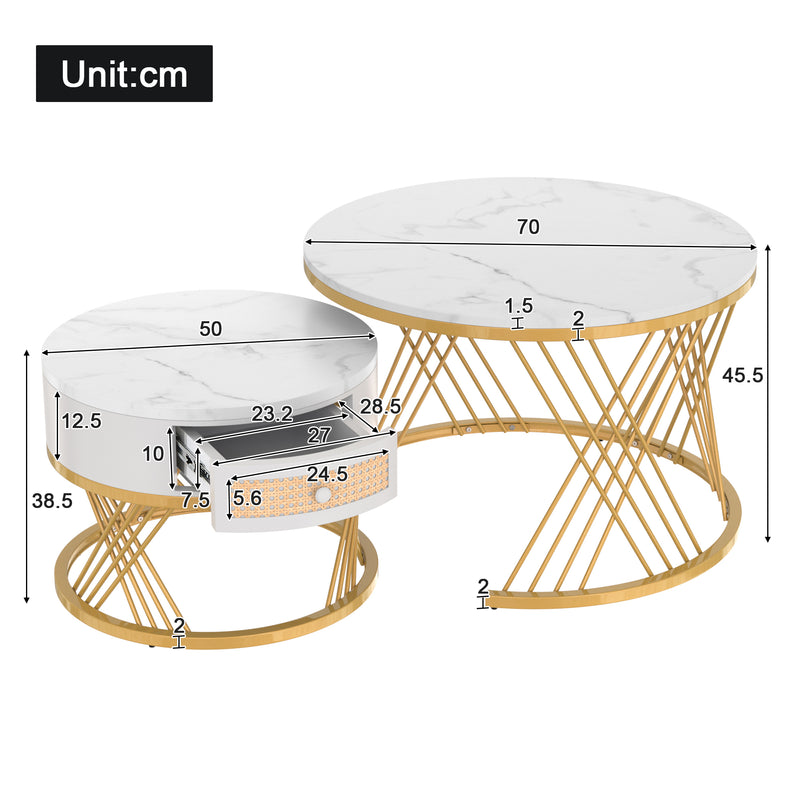Ensemble de 2 tables basses gigognes rondes effet marbre blanc et rotin EGNIERS WHITE