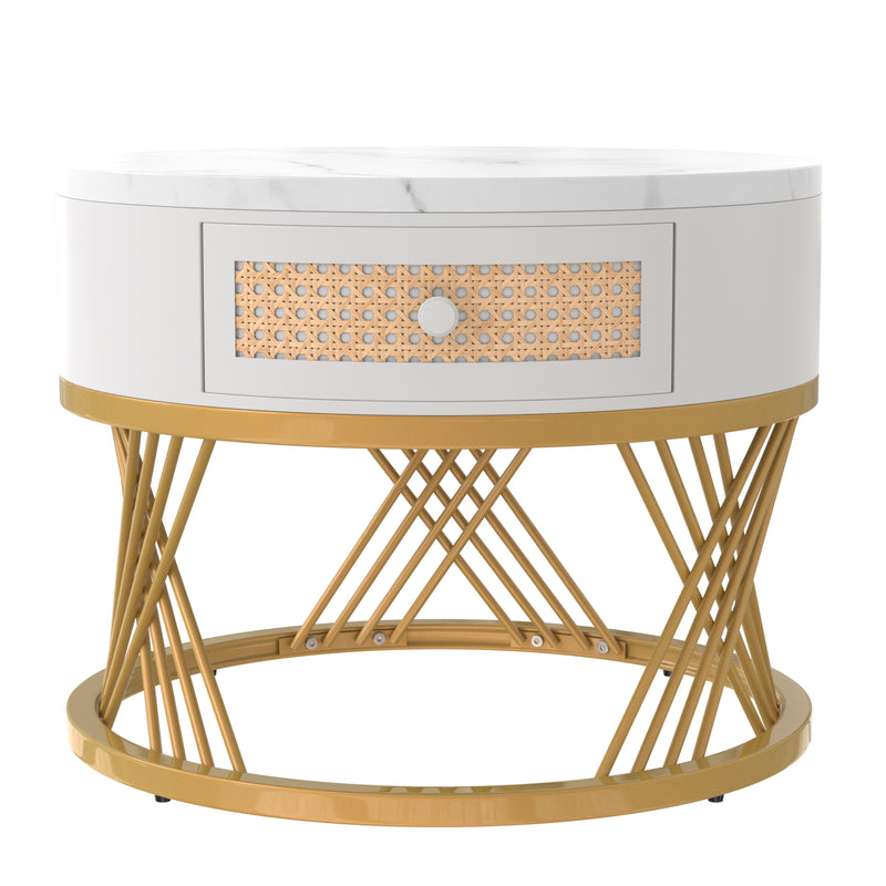 Ensemble de 2 tables basses gigognes rondes effet marbre blanc et rotin EGNIERS WHITE