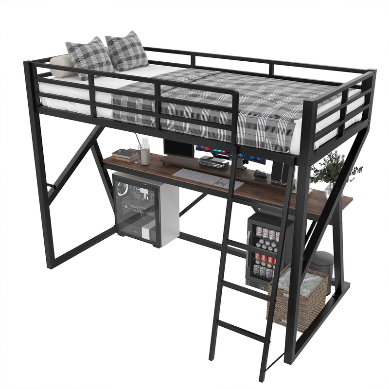 Lit superposé métallique enfant noir avec éclairage LED, bureau intégré (90x200cm) ELGODS