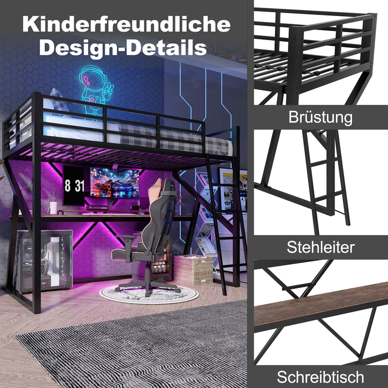Lit superposé métallique enfant noir avec éclairage LED, bureau intégré (90x200cm) ELGODS