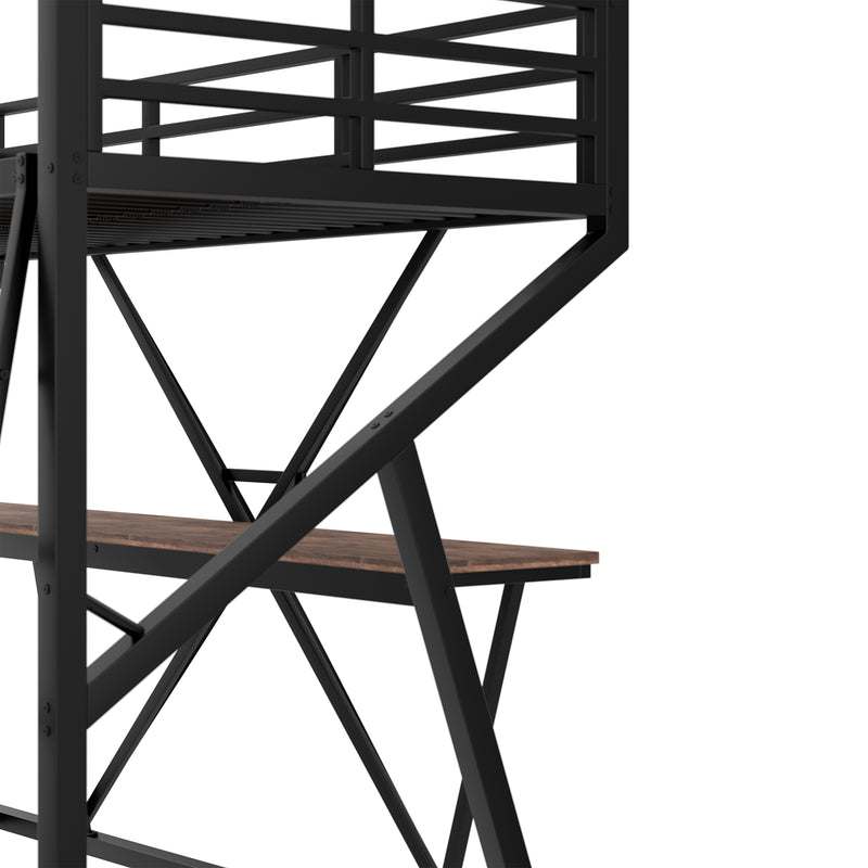 Lit superposé métallique enfant noir avec éclairage LED, bureau intégré (90x200cm) ELGODS