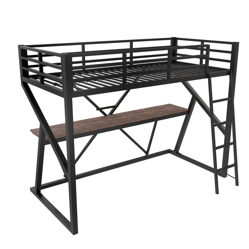 Lit superposé métallique enfant noir avec éclairage LED, bureau intégré (90x200cm) ELGODS