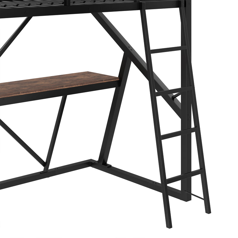 Lit superposé métallique enfant noir avec éclairage LED, bureau intégré (90x200cm) ELGODS