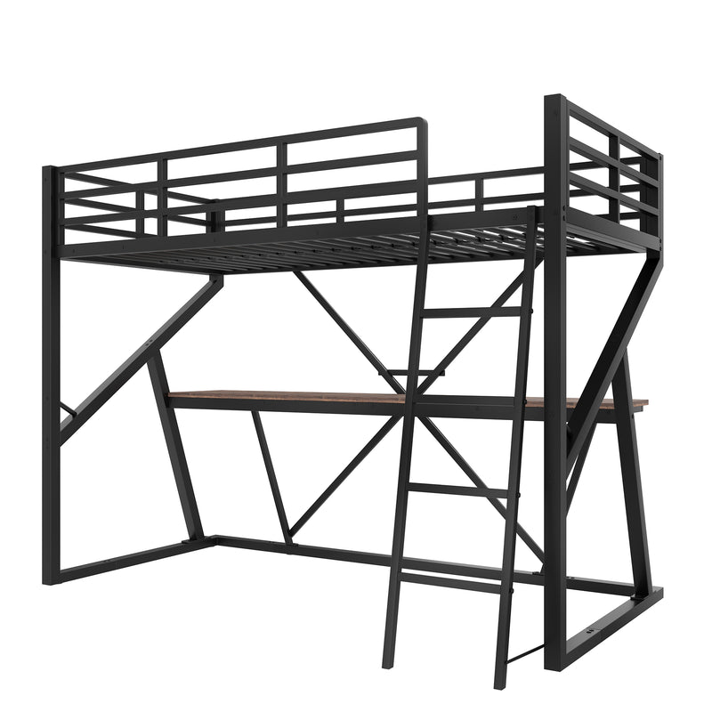 Lit superposé métallique enfant noir avec éclairage LED, bureau intégré (90x200cm) ELGODS